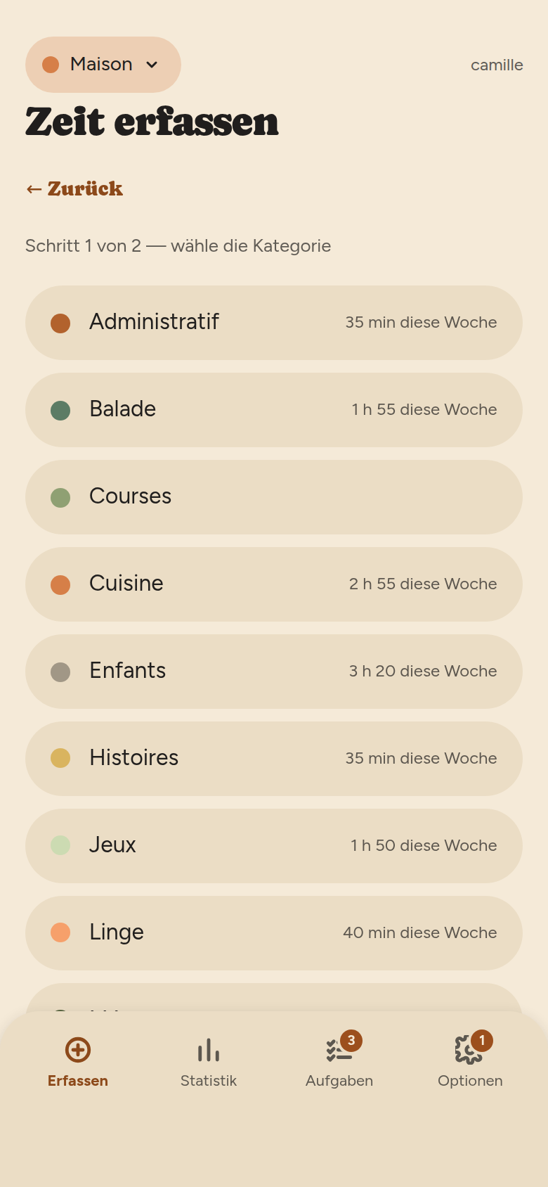 Schritt eins: die Kategorien des Teams als Pillen, jede mit einer Farbe, einem Namen und der Zeit dieser Woche.