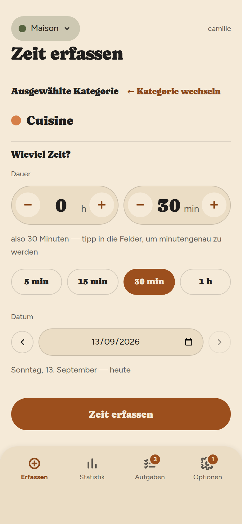 Schritt zwei: die gewählte Kategorie, ein Minutenzähler mit Minus und Plus, Kurzwahlen für 5, 15, 30, 45 Minuten und 1 Std., ein Datumsfeld, die Schaltfläche Zeit hinzufügen.