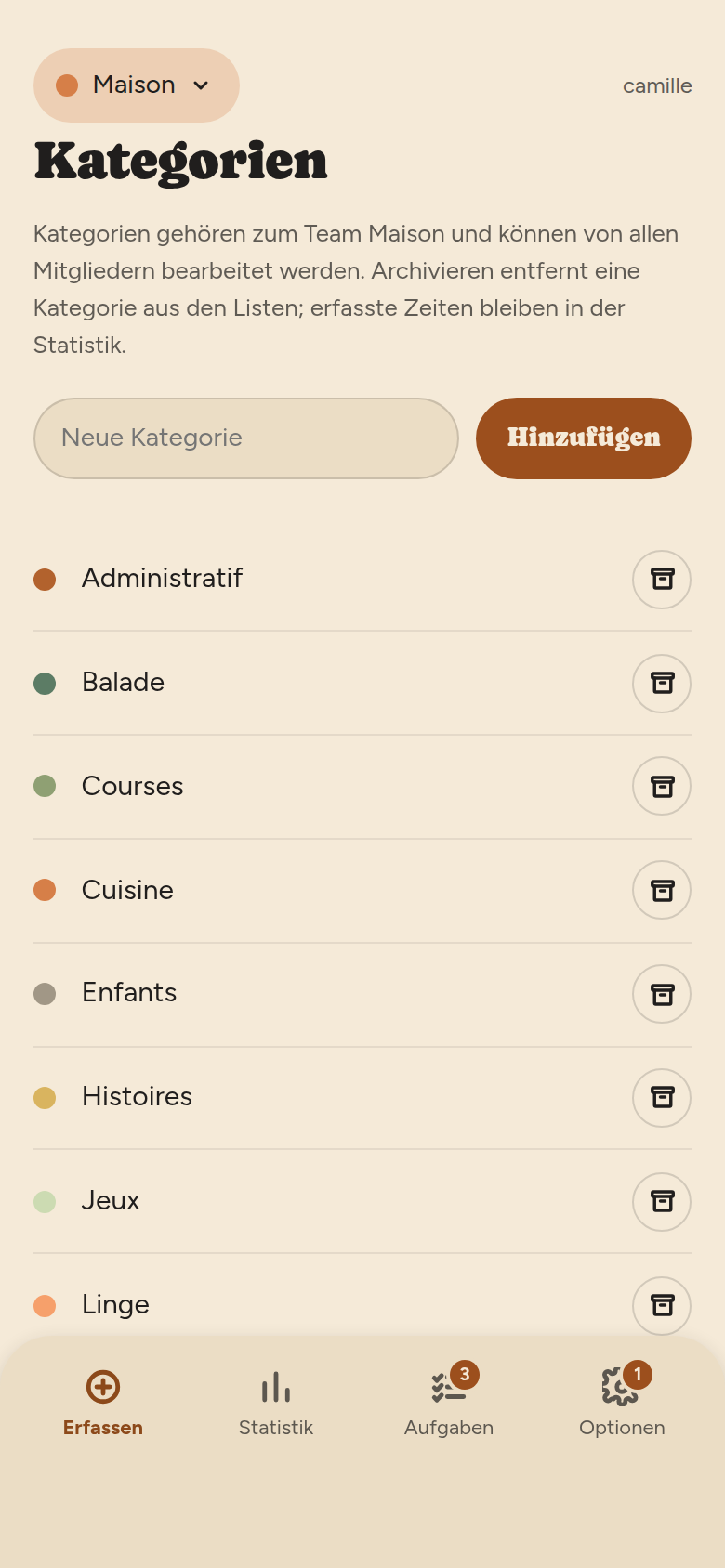 Kategorien-Bildschirm: Hinweis, dass die Kategorien dem Team gehören, Eingabefeld, dann die Liste der Kategorien mit ihren Farben.
