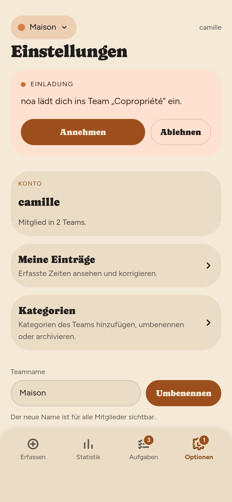 Einstellungen: Karte einer erhaltenen Einladung mit Annehmen und Ablehnen, Karte Konto, Verknüpfungen zu Meine Einträge und Kategorien, Feld zum Umbenennen des Teams.