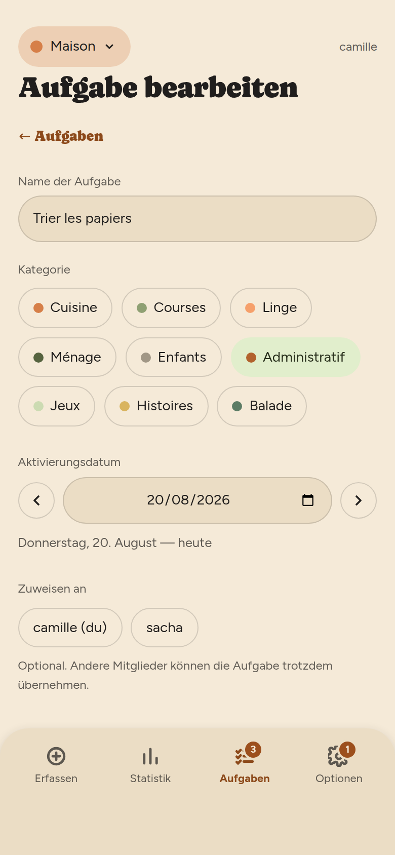 Dasselbe Formular beim Ändern, mit bereits ausgefülltem Namen und gewählter Kategorie.