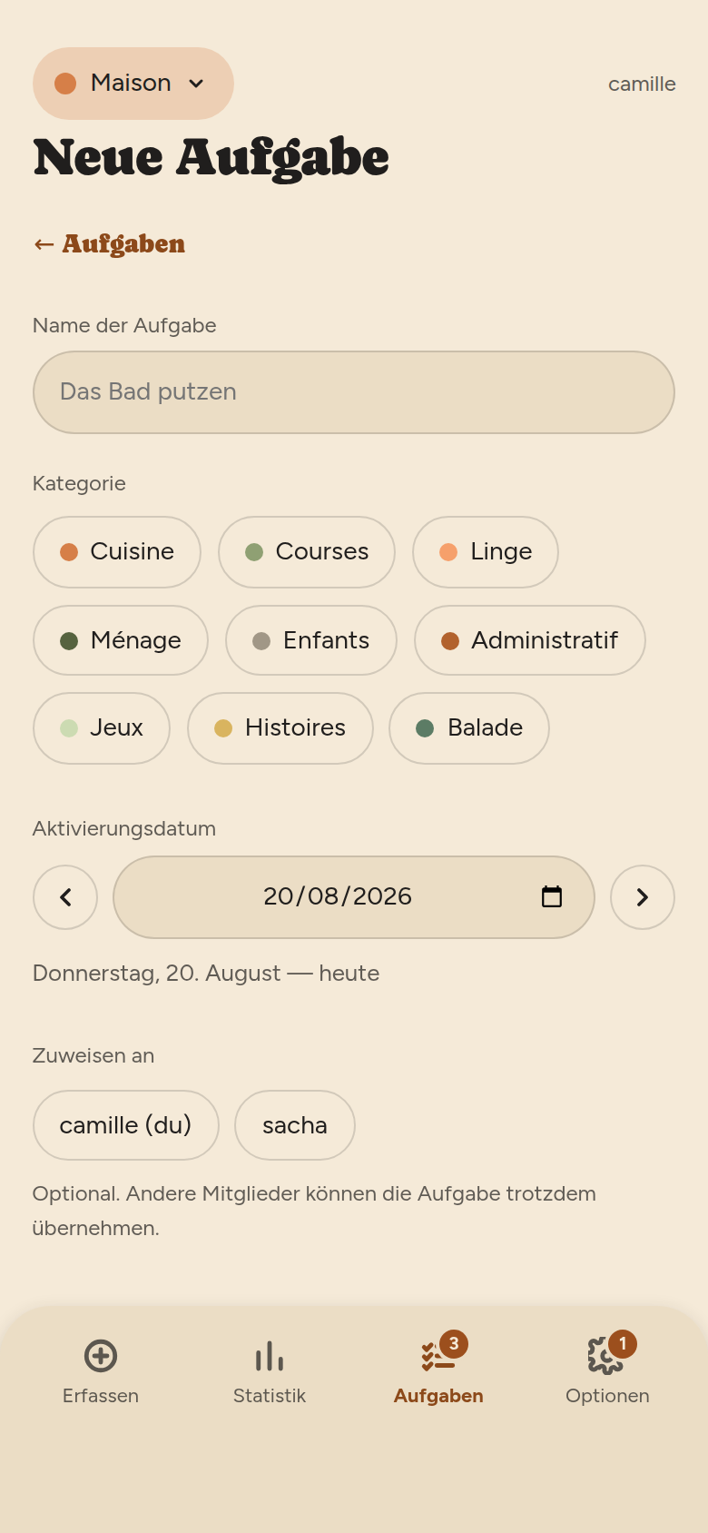 Formular für eine neue Aufgabe: Feld für den Namen, Kategorien als Pillen, Aktivierungsdatum, Liste der Mitglieder zum Zuweisen.