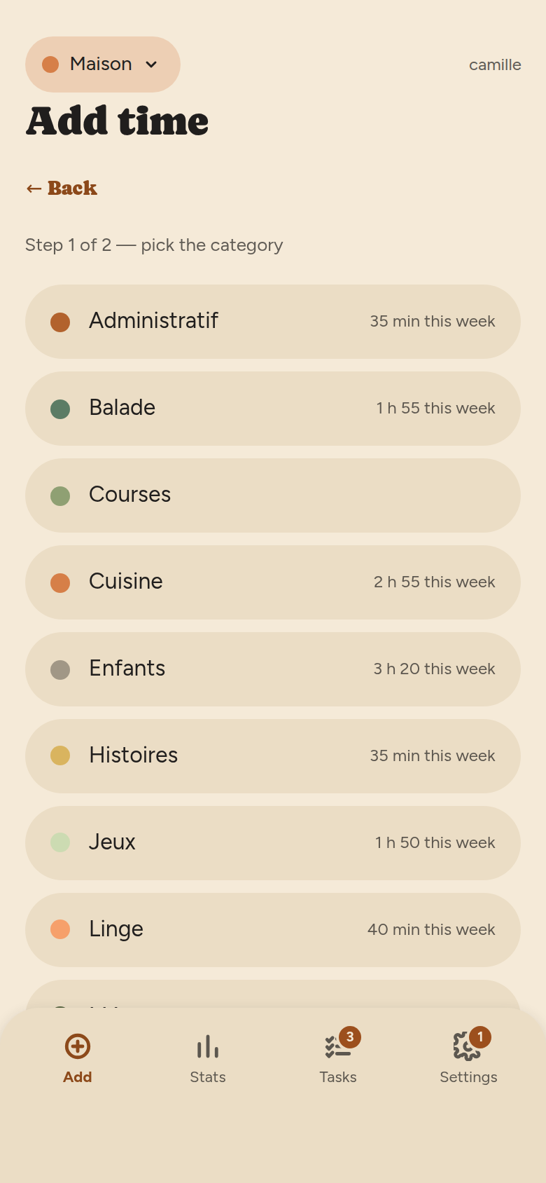 Step one: the team categories listed as pills, each with a colour, a name and the time already logged this week.