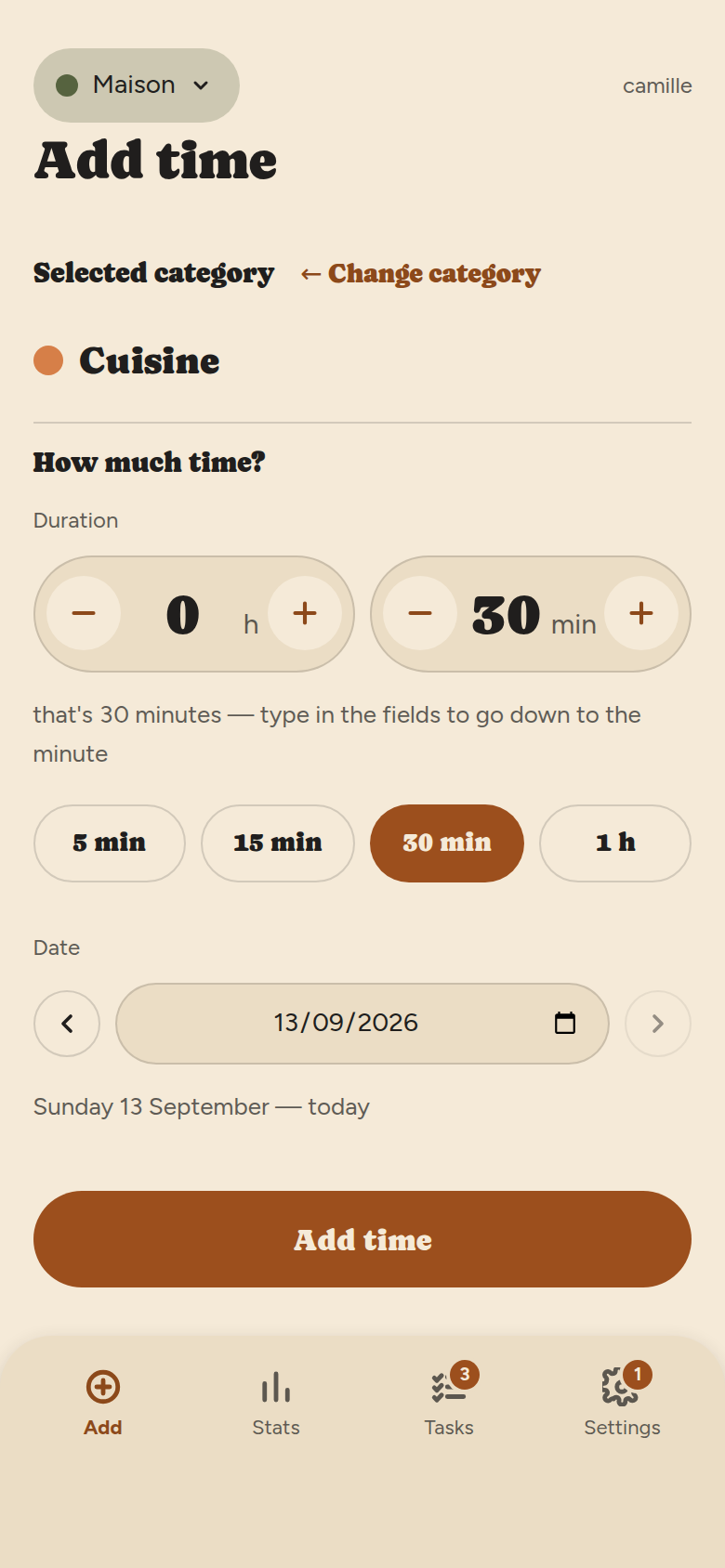 Step two: the chosen category, two counters for hours and minutes with minus and plus buttons, shortcuts for 5, 15, 30 minutes and 1 h, a date picker, and the Add time button.