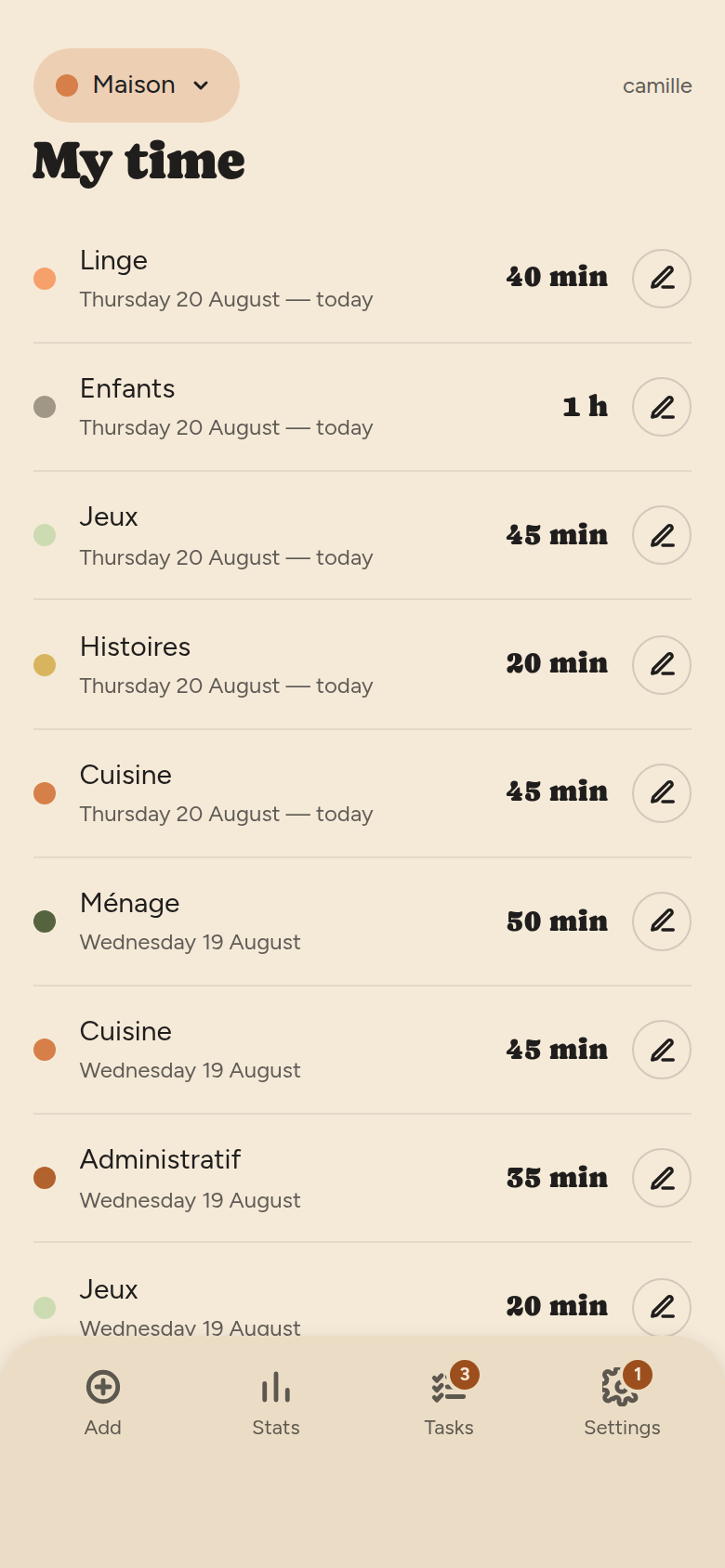 The “My time” list: one row per entry, with the category colour, its name, the date and the duration, plus a pencil for editing.