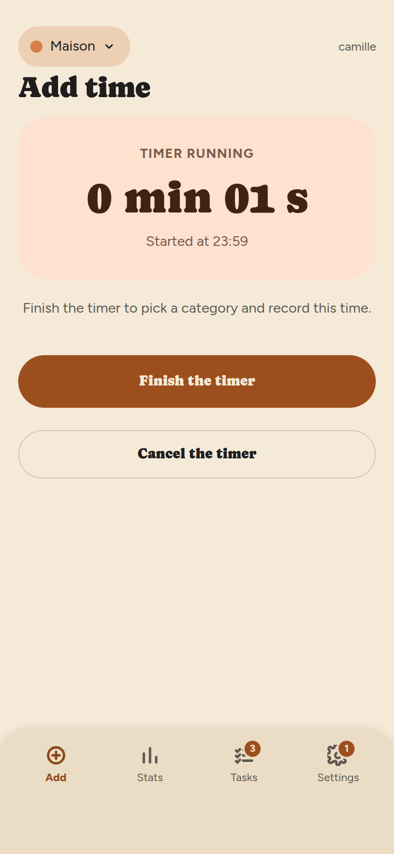 Timer screen: apricot card reading “TIMER RUNNING”, the elapsed time in large type, the start time, and the buttons Finish the timer and Cancel the timer.