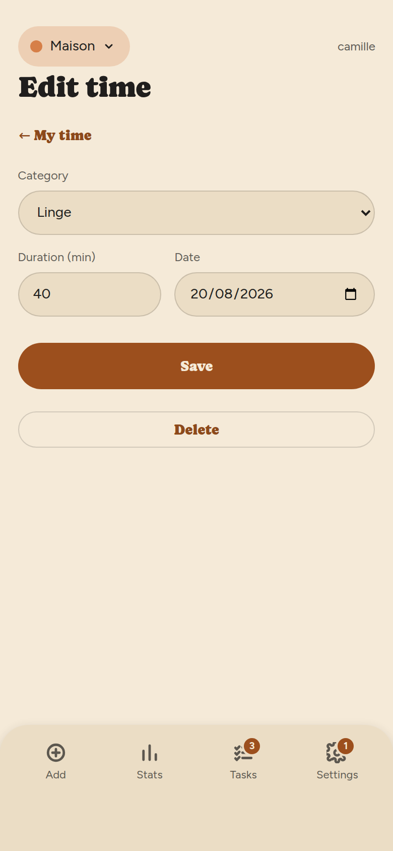 Edit screen: a category dropdown, a duration field in minutes, a date field, a Save button and a Delete button.