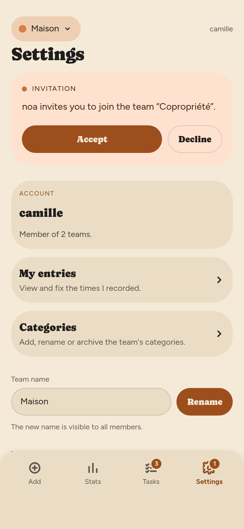 Settings screen: a received invitation card with Accept and Decline, an Account card, shortcuts to My entries and Categories, and the team renaming field.