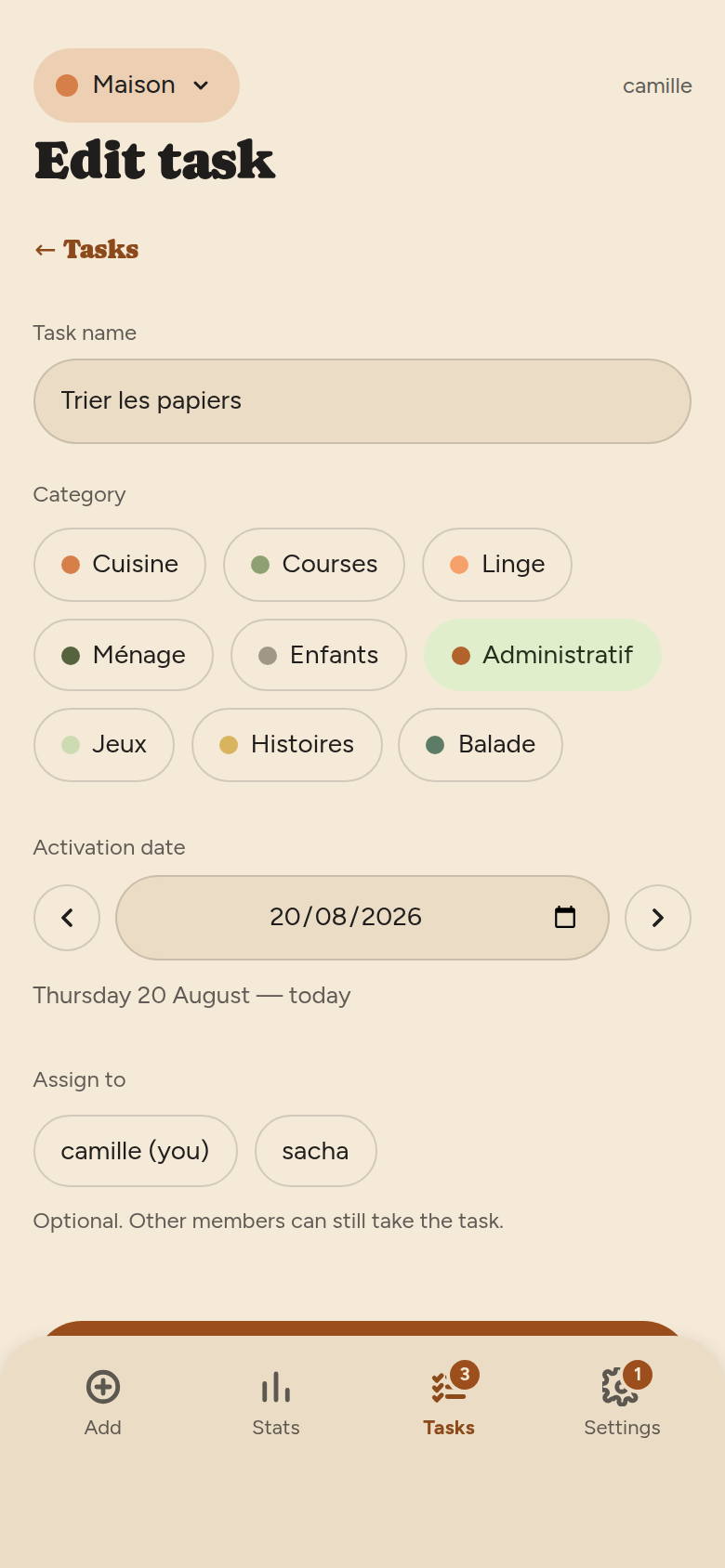 The same form in editing mode, with the name and category already filled in.
