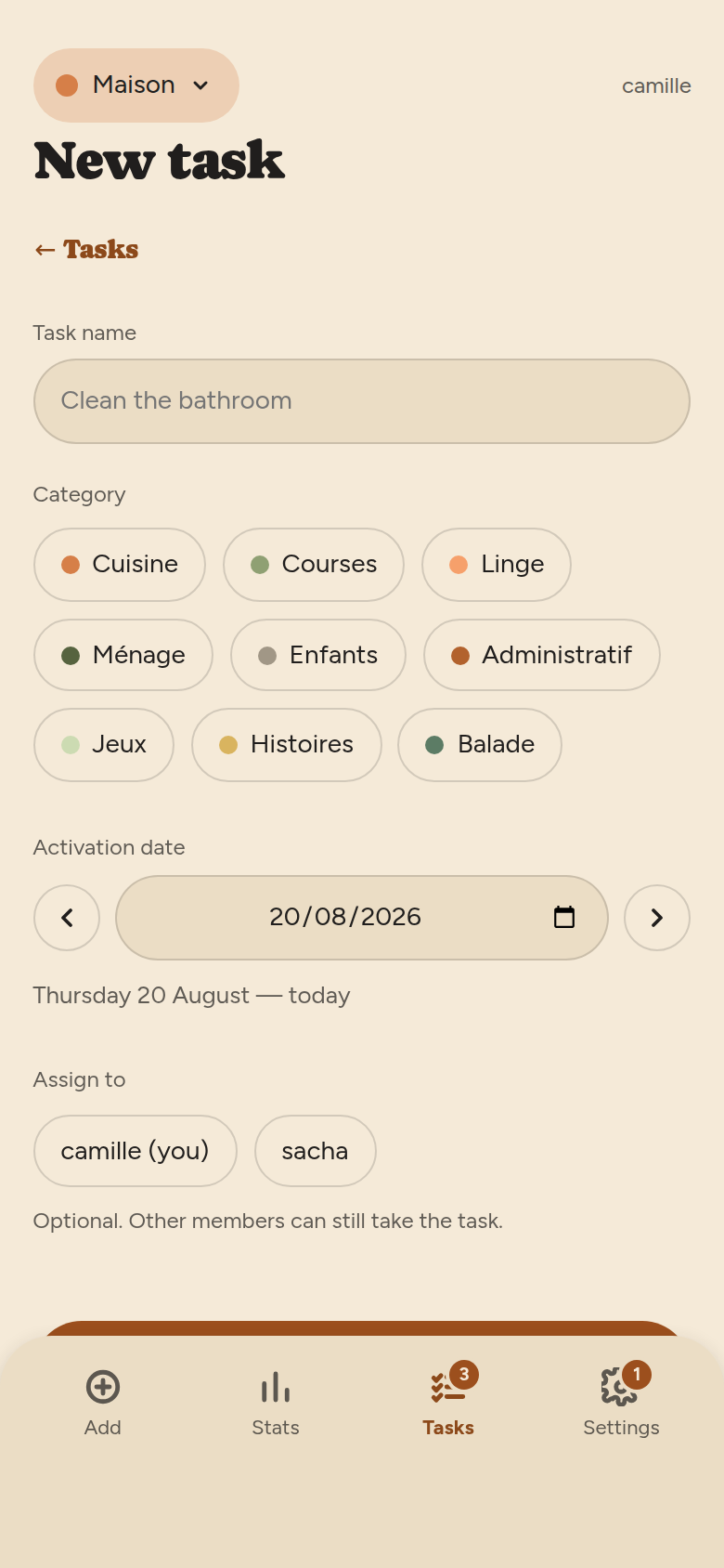 New task form: task name field, category pills, activation date, and the list of members to assign.