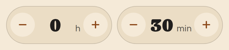 Two counters side by side: hours on the left, minutes on the right, each with a minus and a plus button.