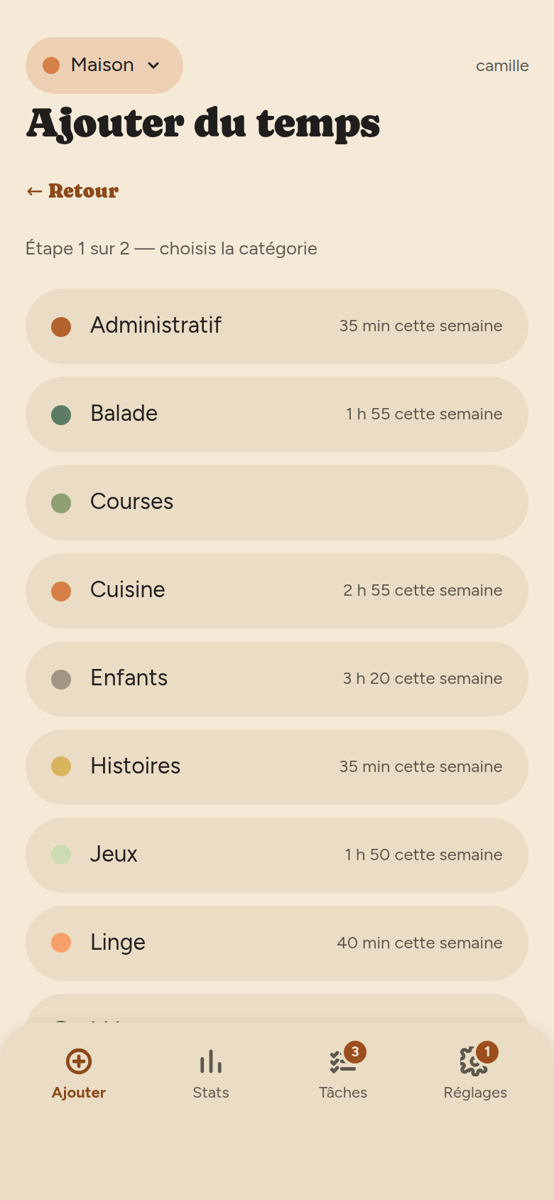 Étape 1 : liste des catégories de l'équipe sous forme de pastilles, chacune avec une couleur, un nom et le temps passé cette semaine.