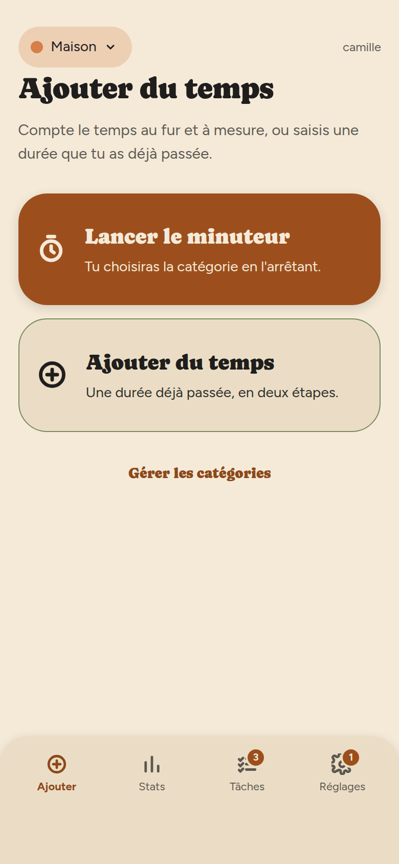 Écran Ajouter : deux grandes cartes, « Lancer le minuteur » et « Ajouter du temps », puis un lien « Gérer les catégories ».