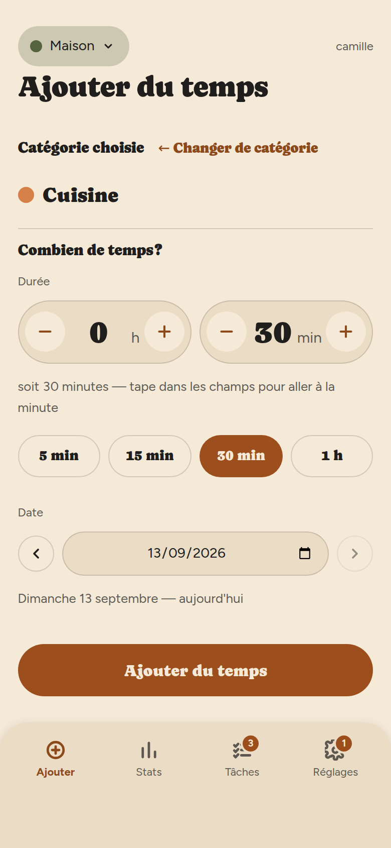 Étape 2 : nom de la catégorie choisie, compteur de minutes avec boutons moins et plus, raccourcis 5, 15, 30, 45 minutes et 1 h, sélecteur de date, bouton Ajouter du temps.