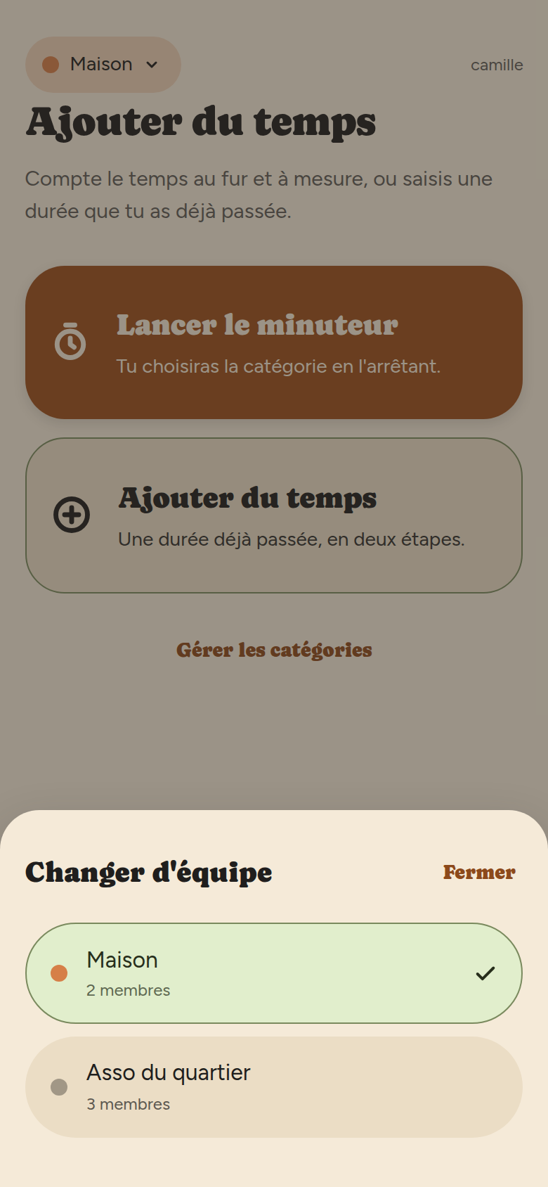 Feuille « Changer d'équipe » ouverte par-dessus l'écran Ajouter, avec la liste des équipes.