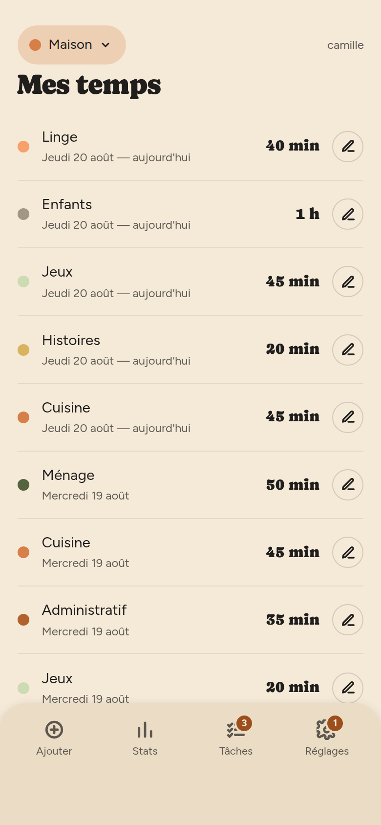 Liste « Mes temps » : une ligne par saisie, avec la couleur de la catégorie, son nom, la date et la durée, plus un crayon de modification.