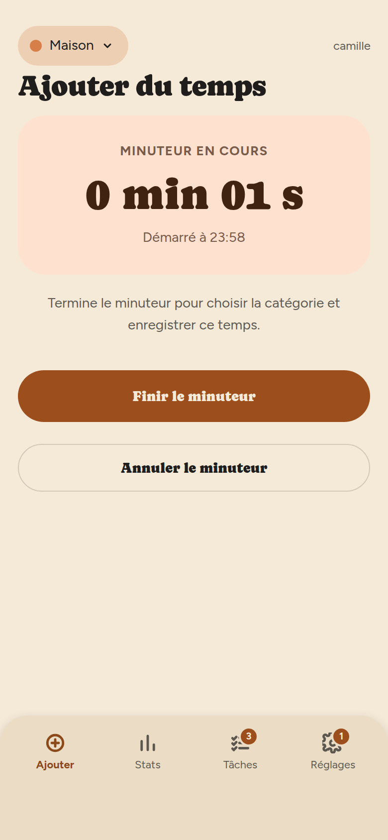 Écran du minuteur : carte abricot « MINUTEUR EN COURS », durée écoulée en gros, heure de départ, boutons Finir le minuteur et Annuler le minuteur.