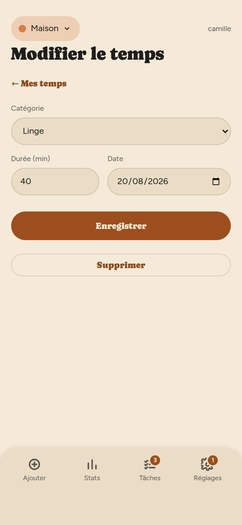 Écran Modifier le temps : liste déroulante de catégorie, champ de durée en minutes, champ de date, bouton Enregistrer et bouton Supprimer.