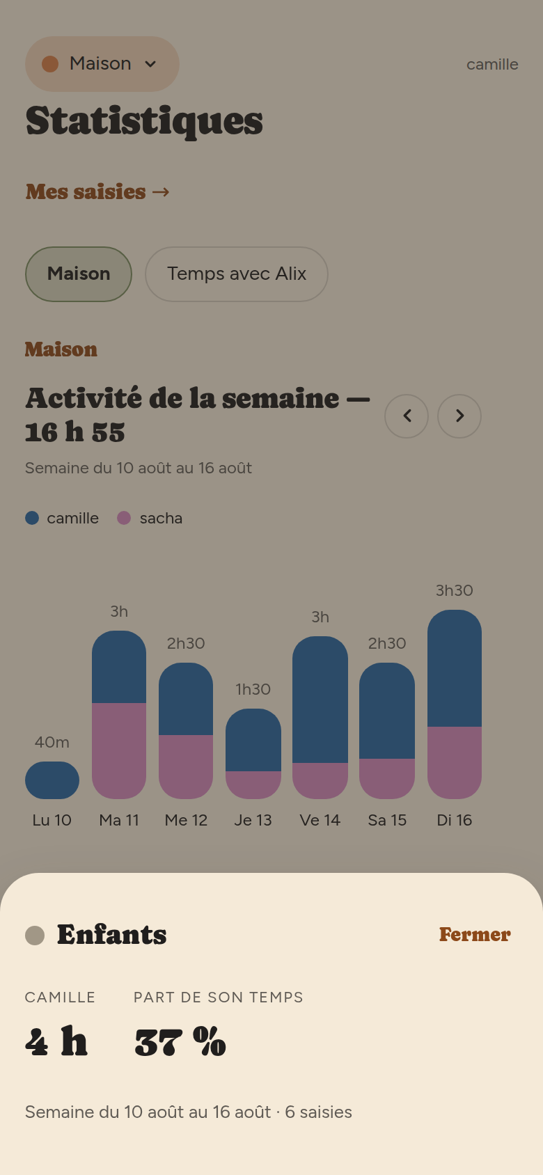 Feuille de détail ouverte au bas de l'écran : catégorie Enfants, camille, 3 h 15, part de son temps 29 %, 6 saisies.