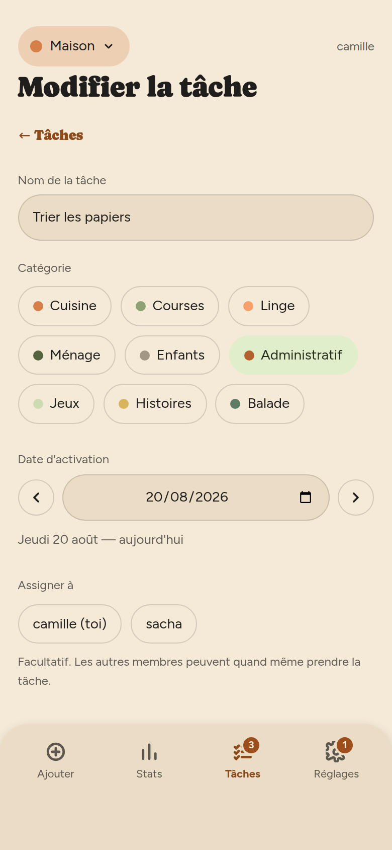 Le même formulaire en modification, avec le nom et la catégorie déjà remplis.