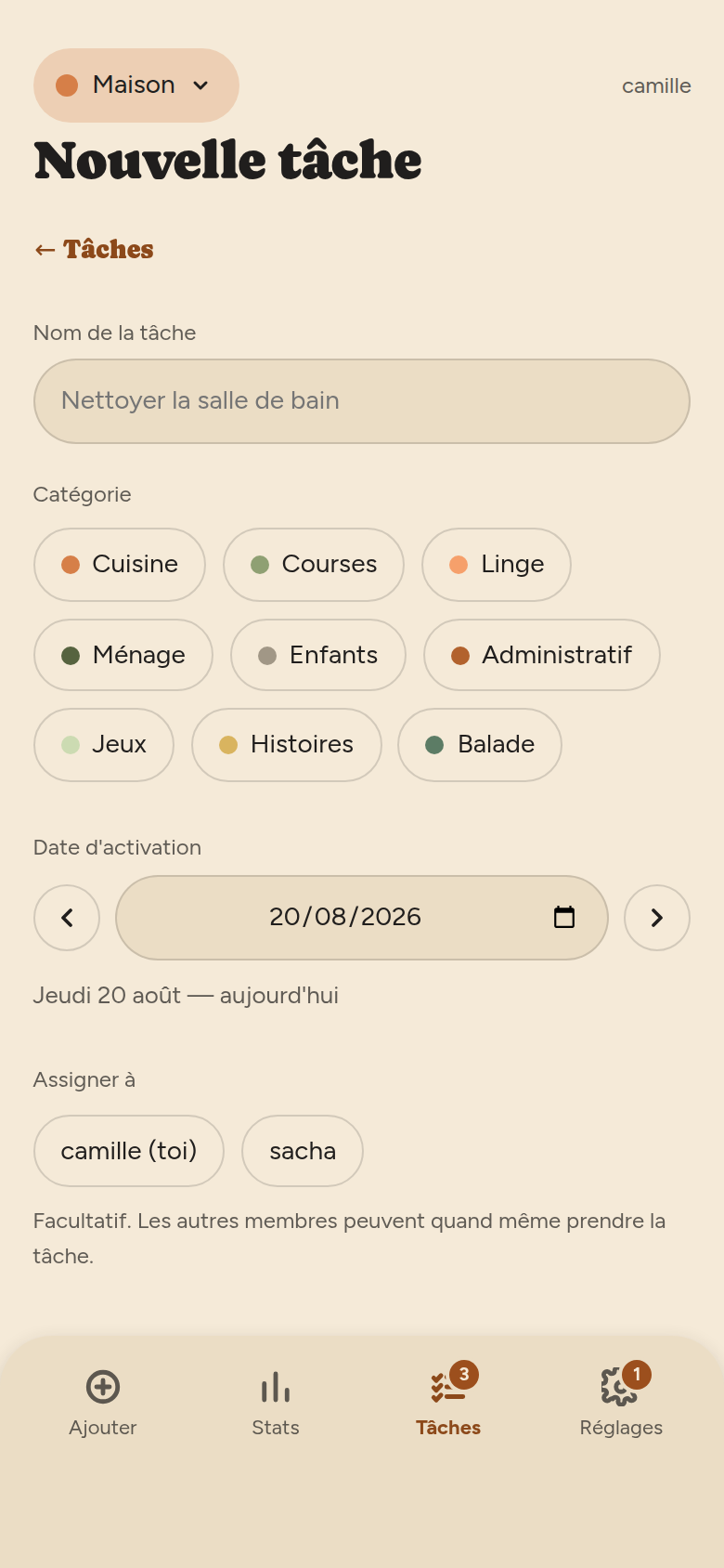 Formulaire de nouvelle tâche : champ Nom de la tâche, choix de la catégorie en pastilles, date d'activation, liste des membres à assigner.