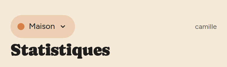 En-tête : pastille verte de l'équipe Maison à gauche, nom d'utilisateur à droite, titre de la page en dessous.