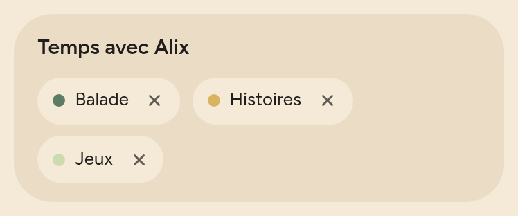 Carte du groupe « Temps avec Alix » contenant trois catégories, Balade, Histoires et Jeux, chacune avec une croix pour la retirer.