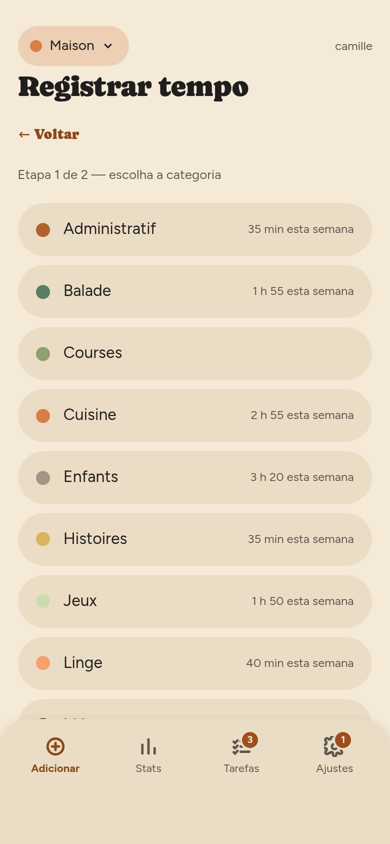 Etapa 1: lista das categorias da equipe em forma de pastilhas, cada uma com uma cor, um nome e o tempo gasto esta semana.