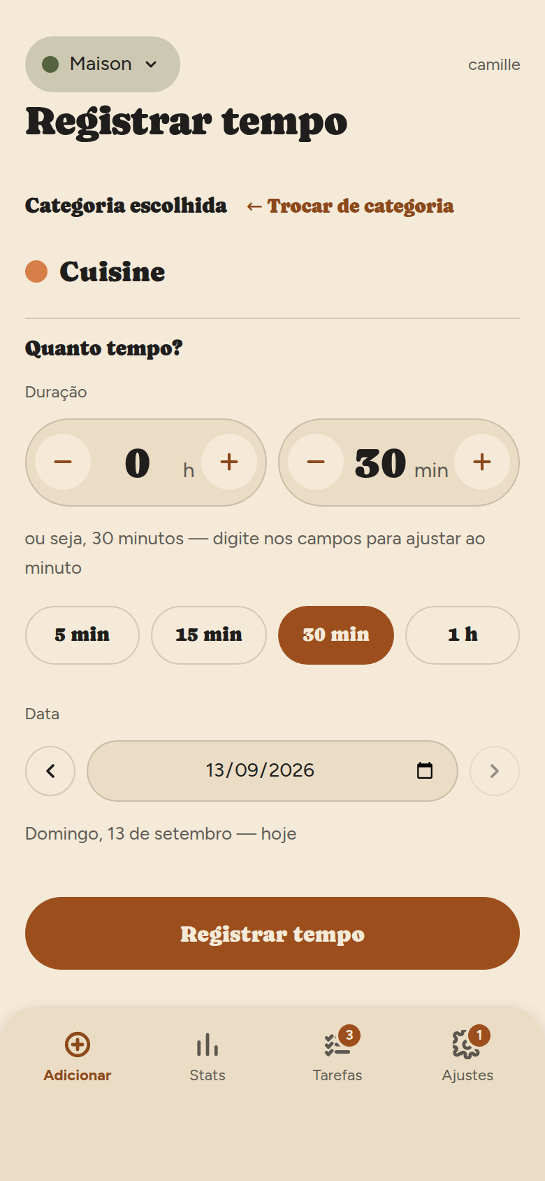 Etapa 2: nome da categoria escolhida, dois contadores de horas e minutos com botões menos e mais, atalhos de 5, 15, 30 minutos e 1 h, seletor de data, botão Registrar tempo.