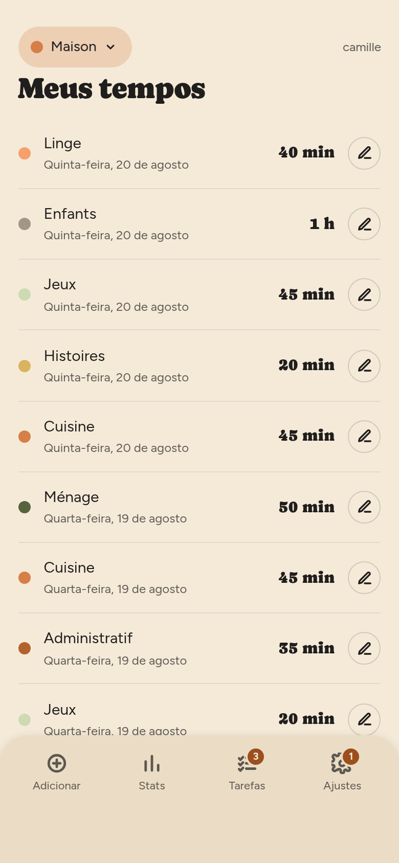 Lista “Meus tempos”: uma linha por registro, com a cor da categoria, o nome dela, a data e a duração, mais um lápis de edição.