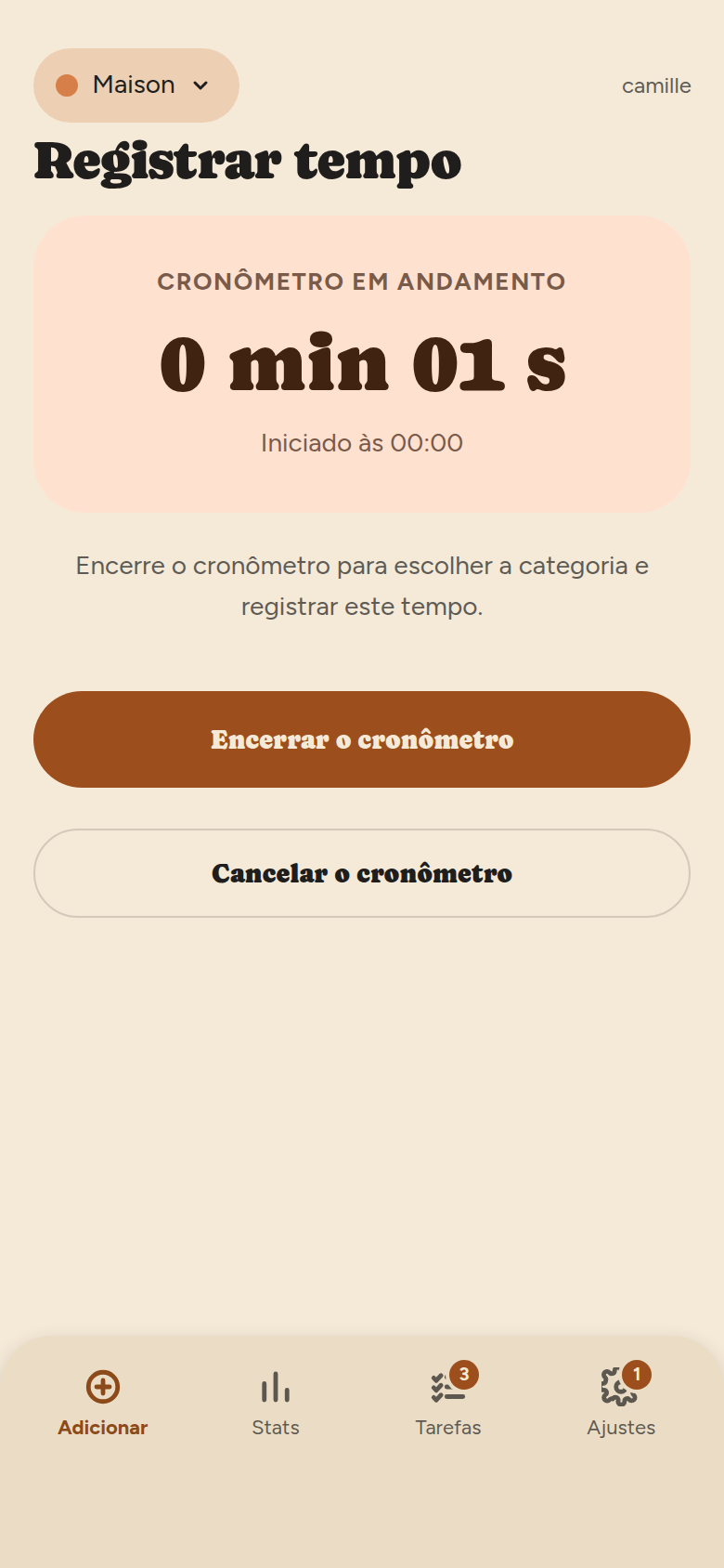 Tela do cronômetro: cartão damasco “CRONÔMETRO EM ANDAMENTO”, tempo decorrido em números grandes, hora de início, botões Encerrar o cronômetro e Cancelar o cronômetro.