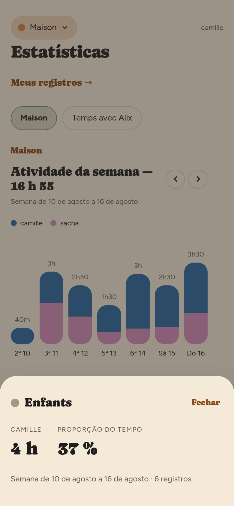 Folha de detalhe aberta embaixo da tela: categoria Enfants, camille, 3 h 15, proporção do tempo dela 29 %, 6 registros.