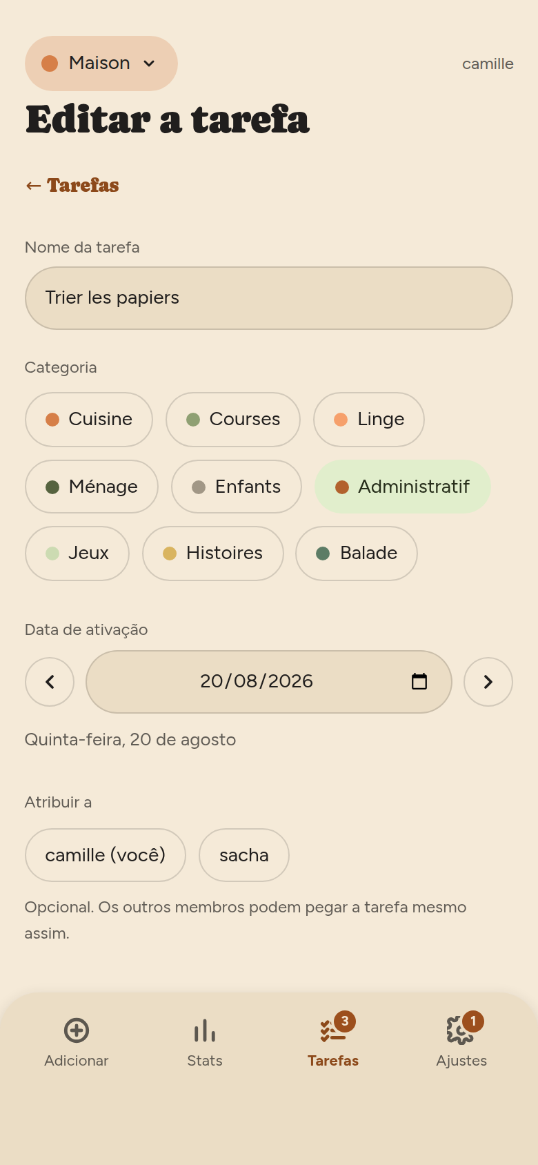 O mesmo formulário em edição, com o nome e a categoria já preenchidos.