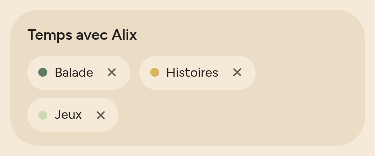 Cartão do grupo “Temps avec Alix” contendo três categorias, Balade, Histoires e Jeux, cada uma com um xis para tirar.
