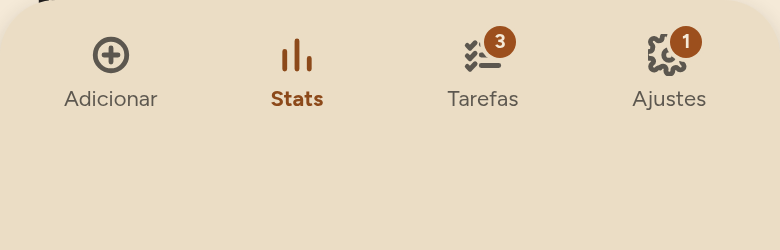 Barra de abas: Adicionar, Stats, Tarefas com um contador 3, Ajustes com um contador 1.